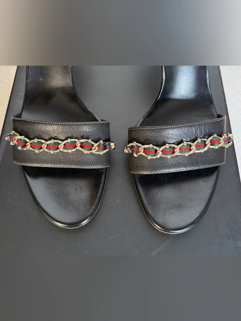 Gucci Black Leather Kitten Heel Sandals with Gold Chain Green and Red Webbing - Picture 13 of 14